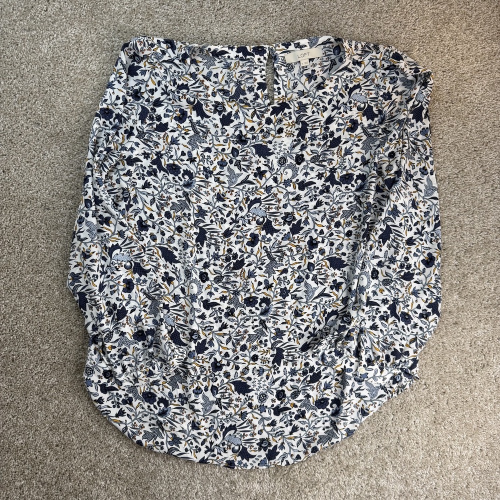 LOFT Blouse Womens XL Multicolor Floral Round Neck Long Sleeve Woven Top Casual